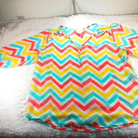 Poelle Du Jour Sheer Chevron Patterned Women's Top Blouse Large Vibrant Colors.. - Picture 7 of 10